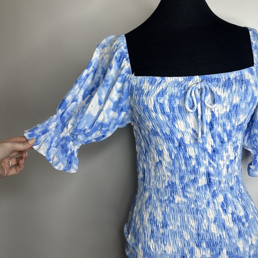 Faithfull the Brand Magnolia Mini Dress Sz 4 Small Blue Floral Tie Dye Smocked - Picture 8 of 11